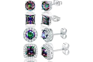 VOLUKA Created Rainbow Quartz Stud Earrings for Women Men 18K White Gold Plated Round/Square CZ Earrings Hypoallergenic Jewelry Gift