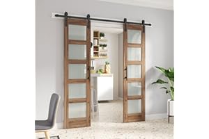 FREDBECK Double 21 x 84 inch Glass Barn Door 42inch with 7FT Sliding Barn Door Hardware Kit & Handle Included,5-Panel Frosted Glass,Water-Proof Surface,Pre-Drilled Holes,Need Assembly