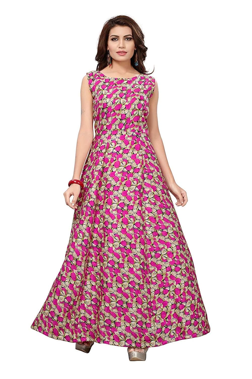 fast fashions women's printed flare semi-stitched gown (pink_free size)