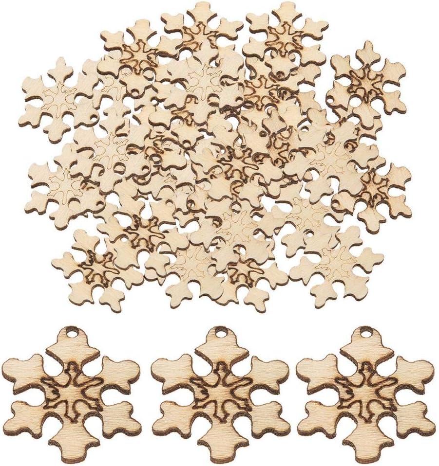 Demiawaking 50Pcs Wooden Snowflake Craft Shapes Hanging Embellishments DIY Scrapbooking Ornaments Pendant Rustic Christmas Decorations (Solid)