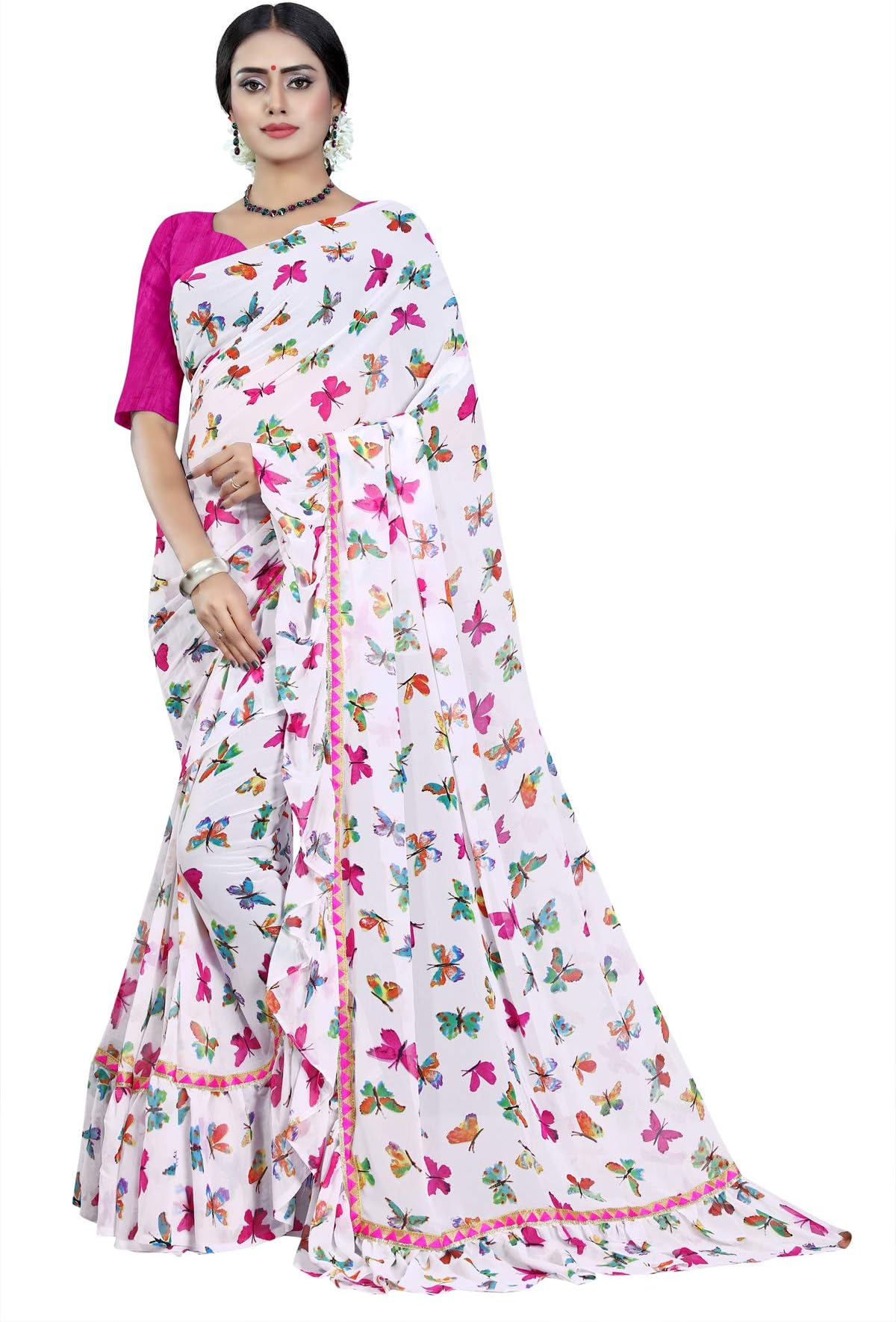 Sugathari White Ruffle Bordered Georgette Saree (Designer Titali 2 $p)