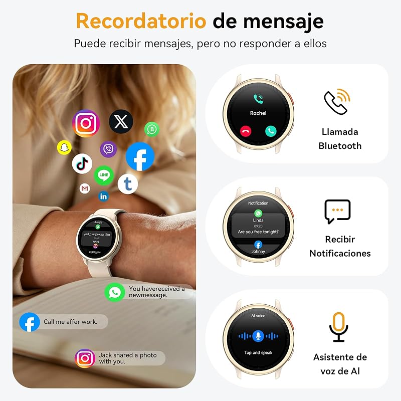 Relógio inteligente feminino, smartwatch redondo de 1,27" para iPhone/Samsung/Android, 2 alças e 120+ modos desportivos, monitor de sono com funções de saúde e fitness 3ATM à prova de água, cáqui