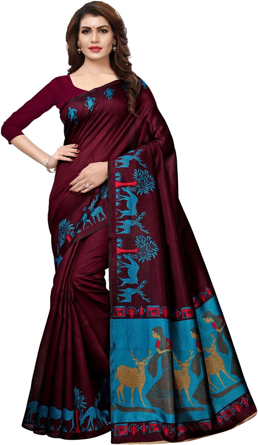 Kanchnar Women's Art Silk Printed Saree with Unstitched Blouse