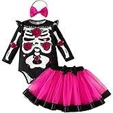 Kuriozud Halloween Outfit Clothes Toddler Baby Girl Skeleton Rose Long Sleeve Romper with Bow Headband Tulle Skirt 3Pcs Set