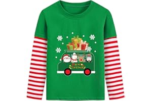 CM-KID Christmas Shirt for Toddler Boys Dino Xmas Tree Santa Reindeer Bus Monster Truck Red White Stripe Sleeve Long Tshirt Tops