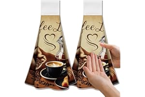 CUTHOLLOW Coffee Element Kitchen Towels with Hanging Loop, Set of 2 - Soft & Super Absorbent Microfiber Decorative Tea Towels