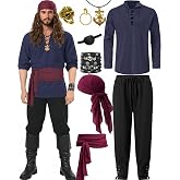 9PCS Men's Pirate Costume Set,Renaissance Medieval Outfit for Halloween Pirate Party with Viking Pants Shirts Accessories