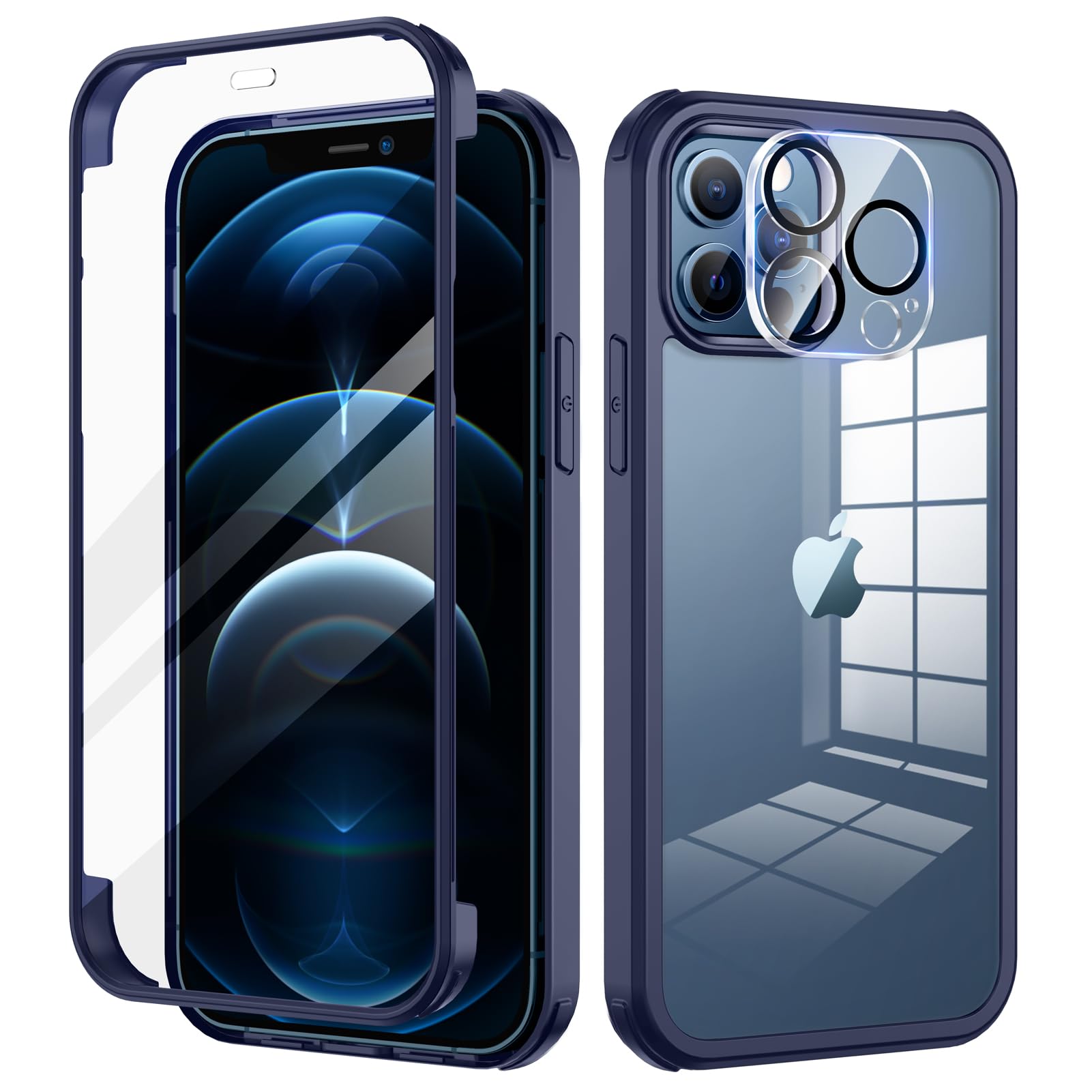 seacosmo for iPhone 12 Pro Max Case 6.7 Inch, Full-Body Shockproof Case with Built-in Glass Screen Protector and Camera Lens Protector Rubber Bumper Case Cover for iPhone 12 Pro Max- Blue/Clear