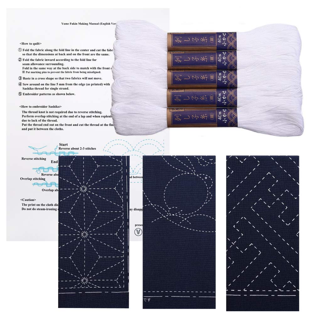 Sashiko kit, Yokota Sashiko Thread and Template Yume Fukin with Original English Manual, Fabric, Japanese Textile (White Thread/Navy Dishcloth 3)