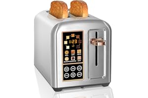 SEEDEEM Toaster 2 Slice, Stainless Toaster LCD Display&Touch Buttons, 50% Faster Heating Speed, 6 Bread Selection, 7 Shade Setting, 1.5''Wide Slot, Removable Crumb Tray, 1350W, Silver Metallic