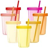 Youngever 7 Sets Plastic Kids Cups with Lids and Straws, 7 Reusable Toddler Cups with Straws in 7 Pink Colors