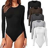 CE' CERDR 4/5 Pack Long Sleeve Bodysuit for Women Round Neck Casual Stretchy Basic Shirts Crew Neck Body Suits Tops