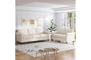 MUZZ 2PCS Sofa Set for Living Room, 5 Seat Modern Linen Sectional Couch Set with Nailhead Trim Design, Living Room Furniture Set (Sofa & Loveseat/Beige)