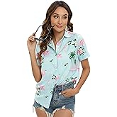 Blueleaf Hawaiian Shirt for Women Short Sleeve Casual Button Down Shirts Summer Outfits Tropical Flamingo Shirts