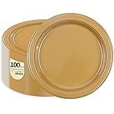 LDFDRT Gold Plastic Plates 100 pcs Party Dessert Dinner Plates Disposable Heavy Duty for Party,Wedding,Valentines (9inch)