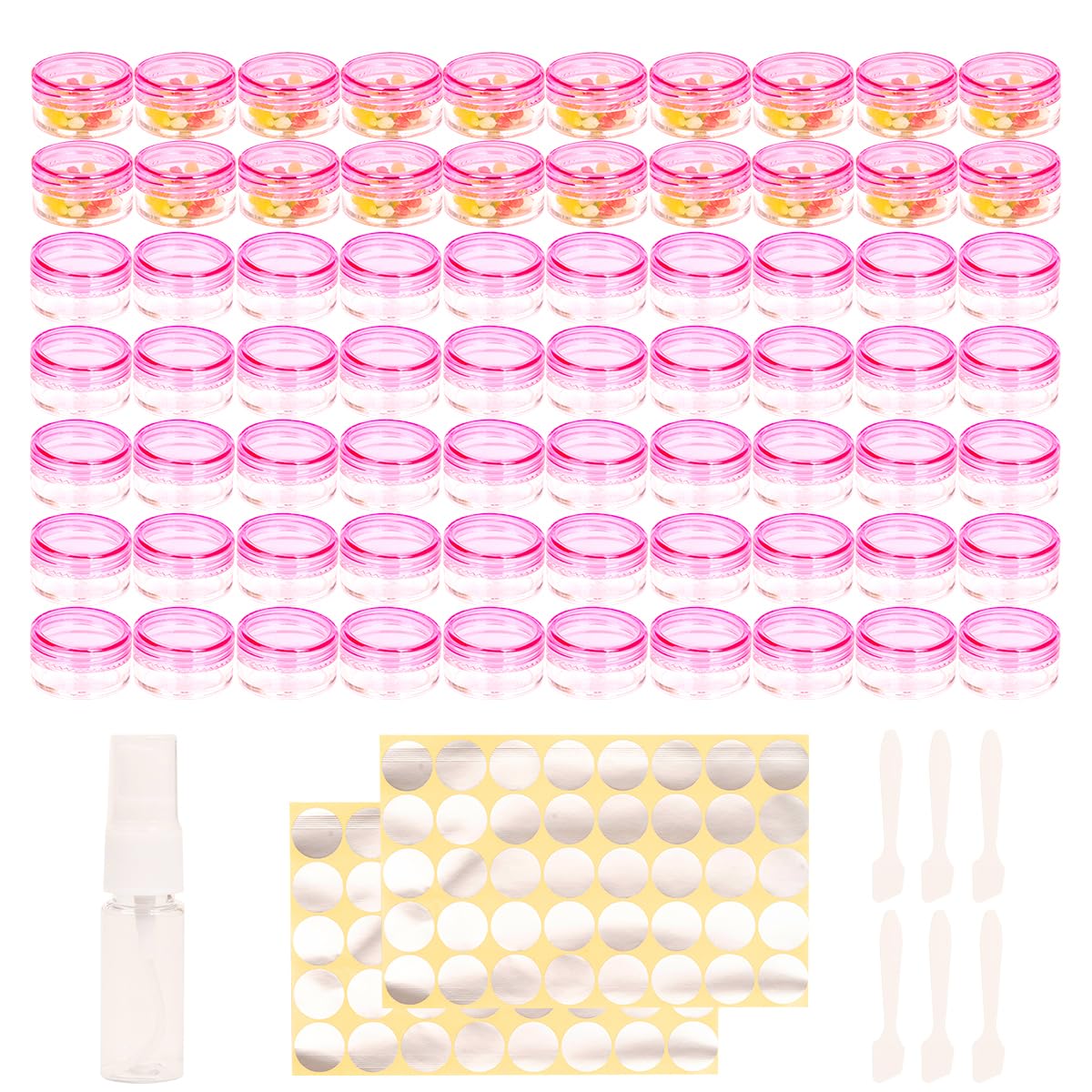 70 Pcs sample pots,5ml with lids cosmetic pot, mini cream empty containers,pink small with makeup lip balm jars,for travel face cream, samples, cosmetics empty plastic pot