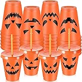 Suttmin 24 Pcs Halloween Party Cups 16 oz Plastic Cups with Lids and Straws Pumpkin Face Reusable Tumbler for Halloween Party Favors Supplies Coffee Tea Cold Drinks