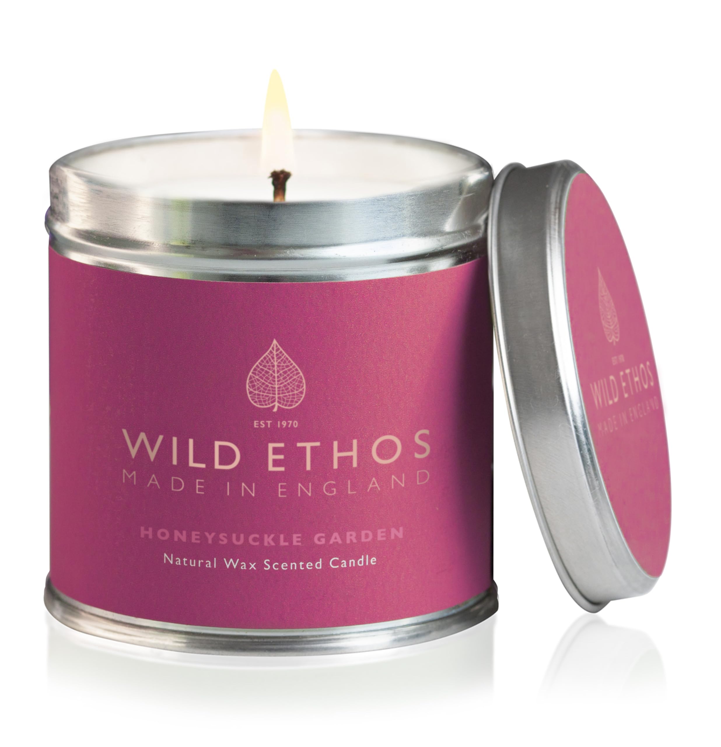 Wild Ethos Naturals Premium Scented Natural Wax Tin Candle - Honeysuckle Garden Scent - Hand-Poured in UK - Burn Time 40+ Hours - Natural Ingredients for Less Smoke & Slow Burn