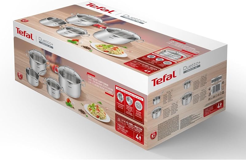 Duetto Plus 3-teiliges Kochtopf-Set 16/20/24 cm + Stielkasserolle 16 cm + 3 Deckel, induktionsgeeignet, Thermo-Fusion, Messmarken, spülmaschinenfest, backofenfest, Edelstahl