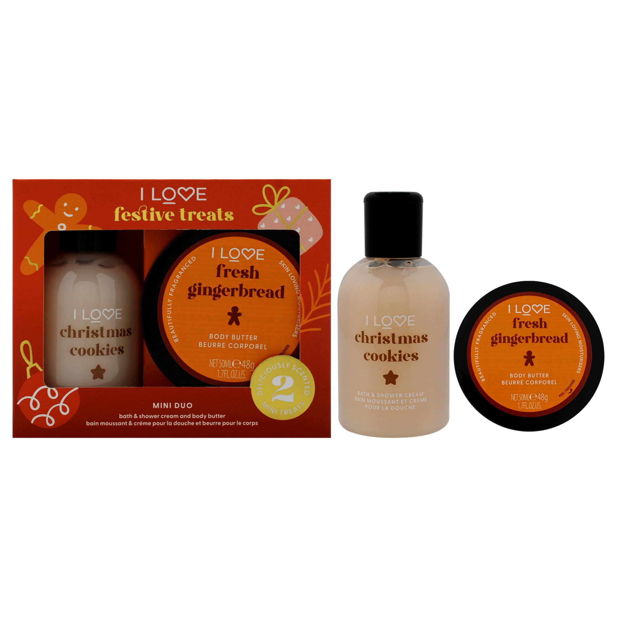 I Love Miniature Festive Treat Box by I Love Cosmetics for Unisex - 2 Pc 3.3oz Christmas Cookie Bath and Shower Creme, 1.7oz Gingerbread Body Butter