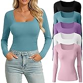 Huukeay 5 Pack Long Sleeve Shirts for Women Square Neck Tops Slim Multipack Casual Basic Tee Layer Undershirts