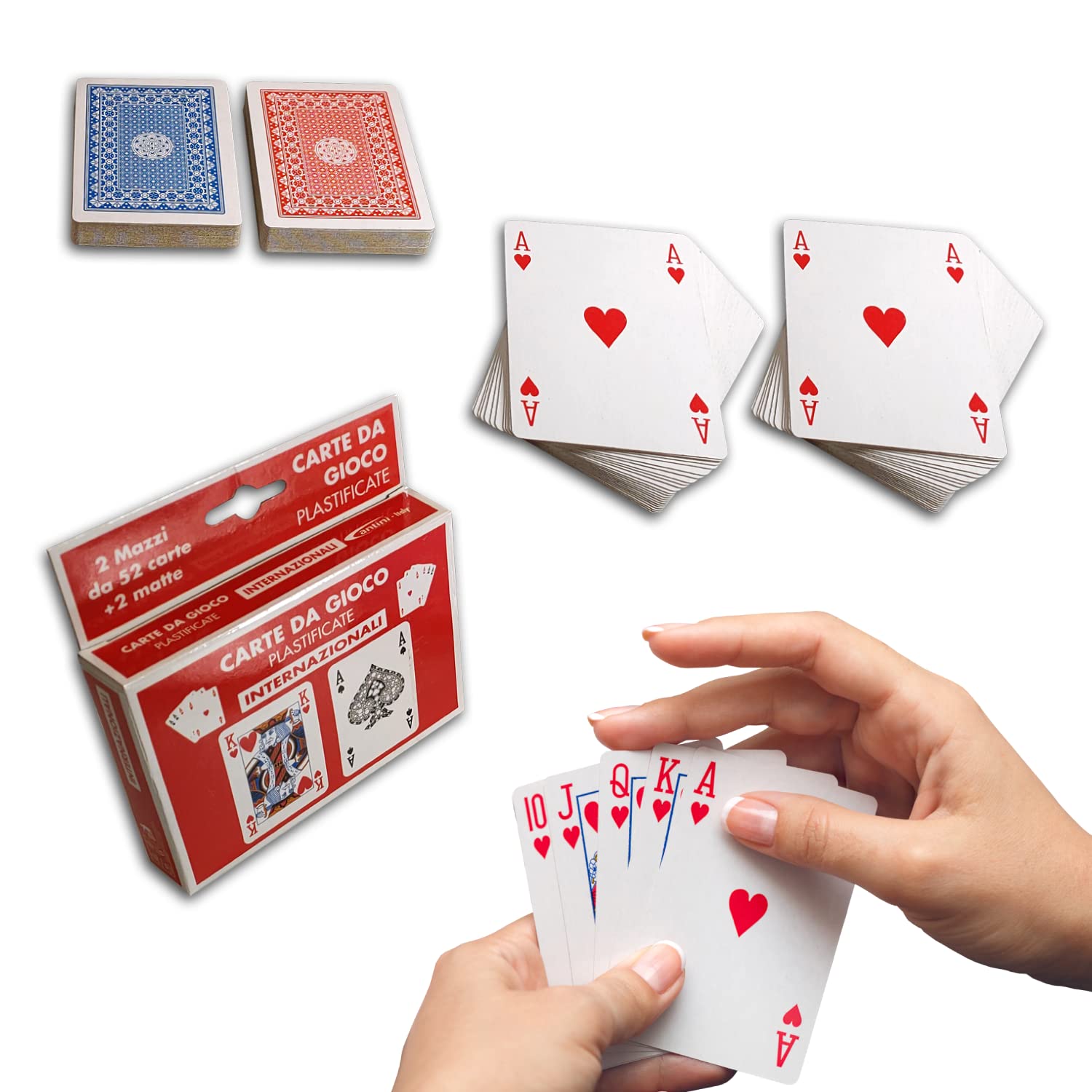 Rummy Playing Cards French Deck - 2 Decks of 52 Cards + 2 Matte Red/Blue - Poker, Scale 40, Bridge, Texas Hold'em, Burraco, Durak, Mau Mau, Skat, Canasta