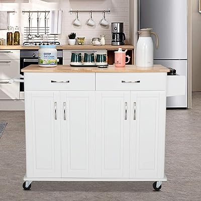 Buy Vingli Kitchen Island On Wheels Rolling Kitchen Buffet Cabinet Coffee Bar Cart 4 Doors And 2 Large Drawer With Storage Cabinet Towel Handle Spice Rack Solid Wood Top And Loackable Castors