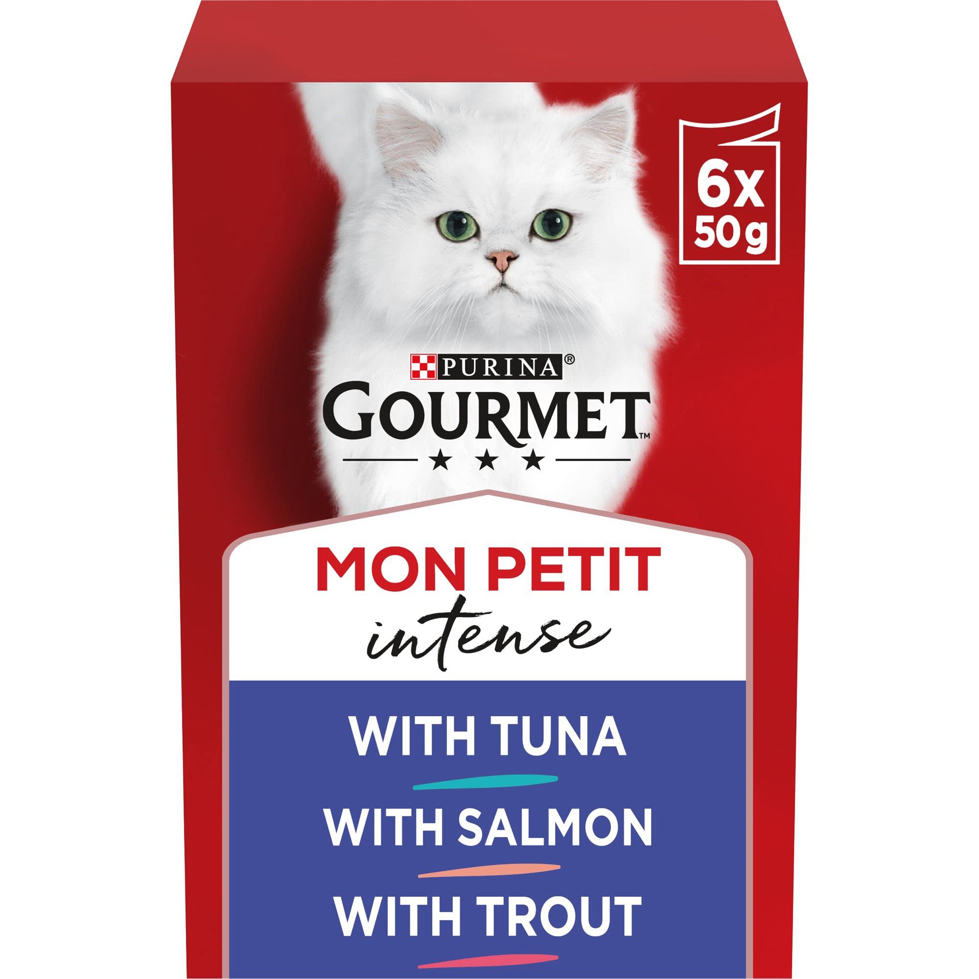 GOURMET Mon Petit Intense Fish Variety Tuna, Salmon, Trout Wet Cat Food 6x50g (Pack of 8)