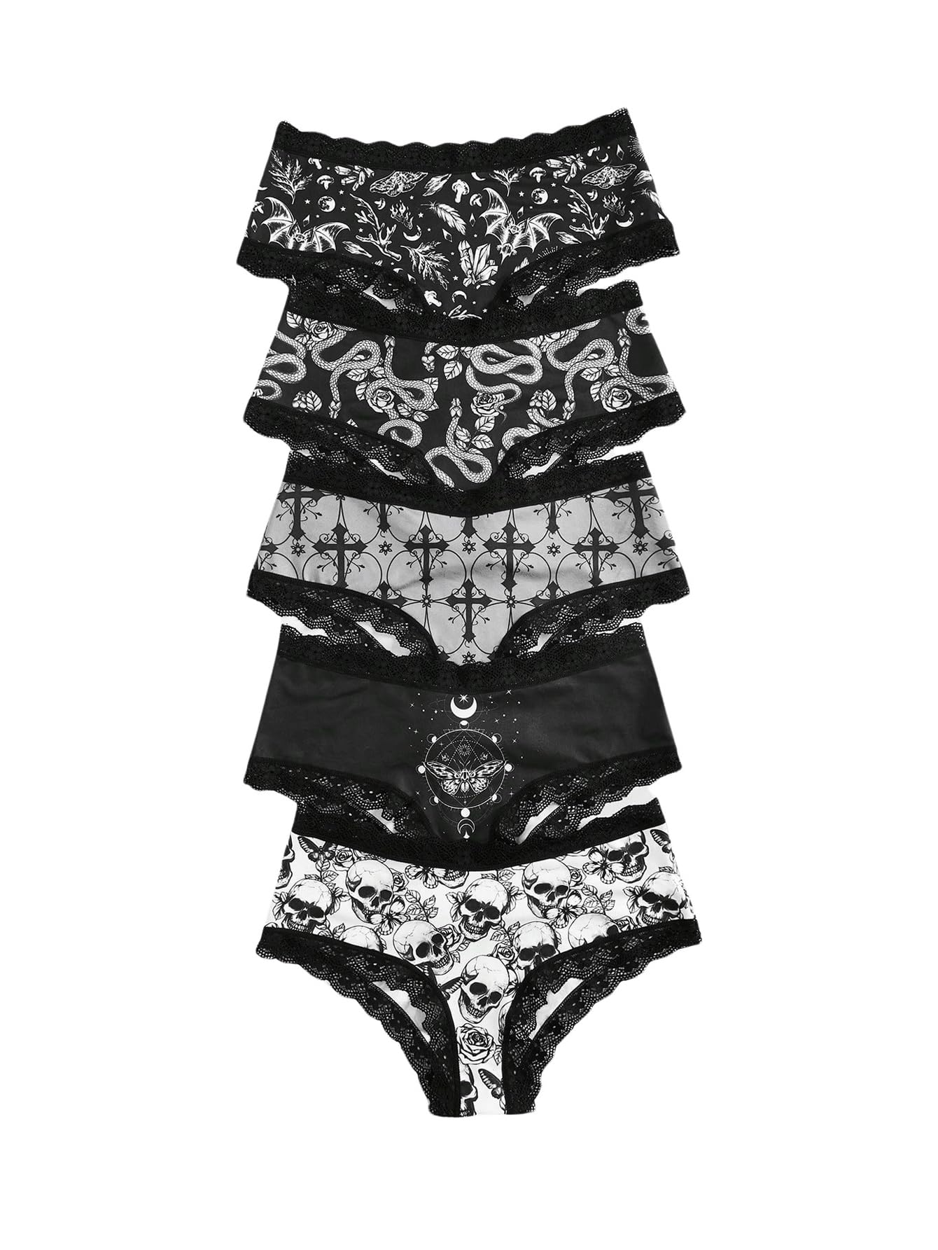 Photo 1 of MakeMeChic Women's 5 Pack Gothic Floral Lace Briefs Graphic Print Scallop Trim Panty Underwear Multicolor Small