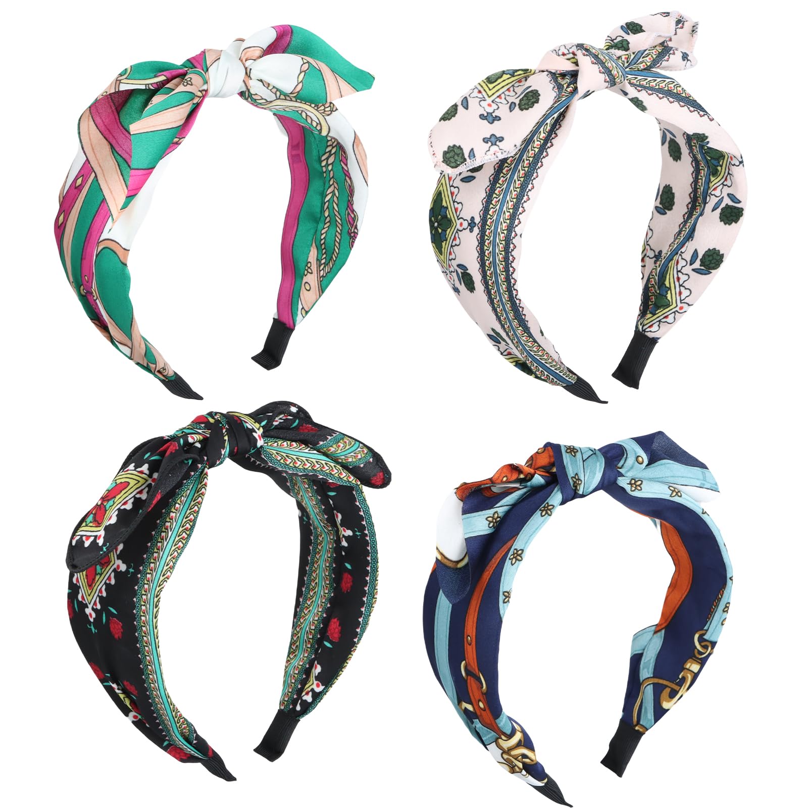 Pack of 4 Headbands for Women, Wide Printed Fabric Hair Band, Bow Hair Band, Non-Slip Knot Headband for Daily Wear/Dating/Sports/Outdoor (4 Designs)