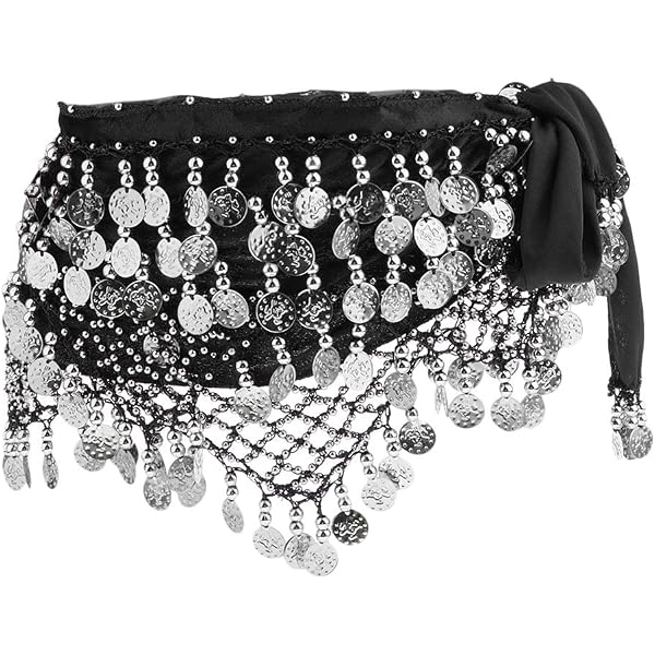 Ceinture Hanche Danse Du Ventre Mousseline Soie Or - Écharpe à Franges Pièces Métalliques - 160 Cm - Noir - Pour Spectacle Déguisement - 10