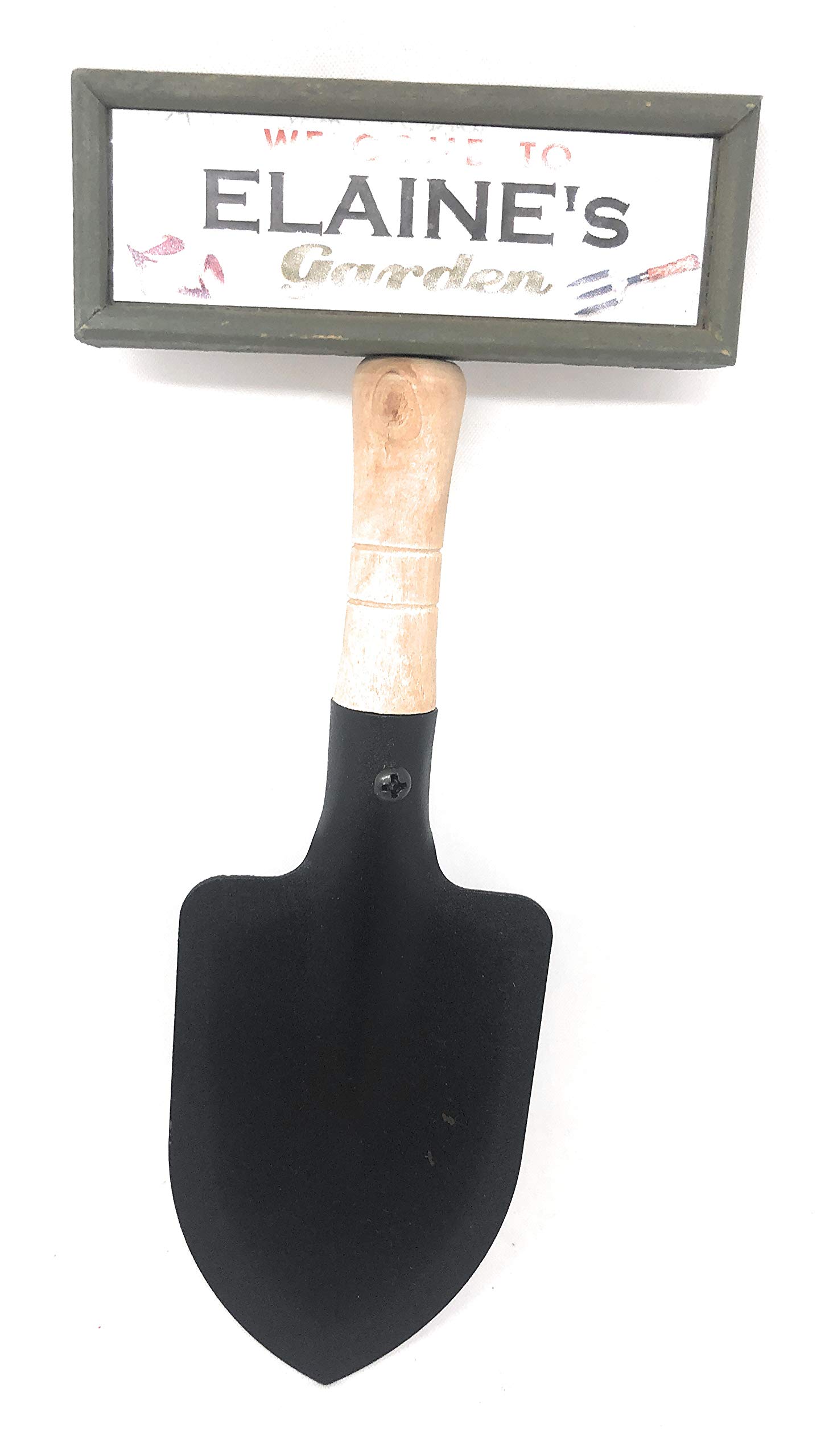 "Welcome to Elaine's garden" hanging shovel sign