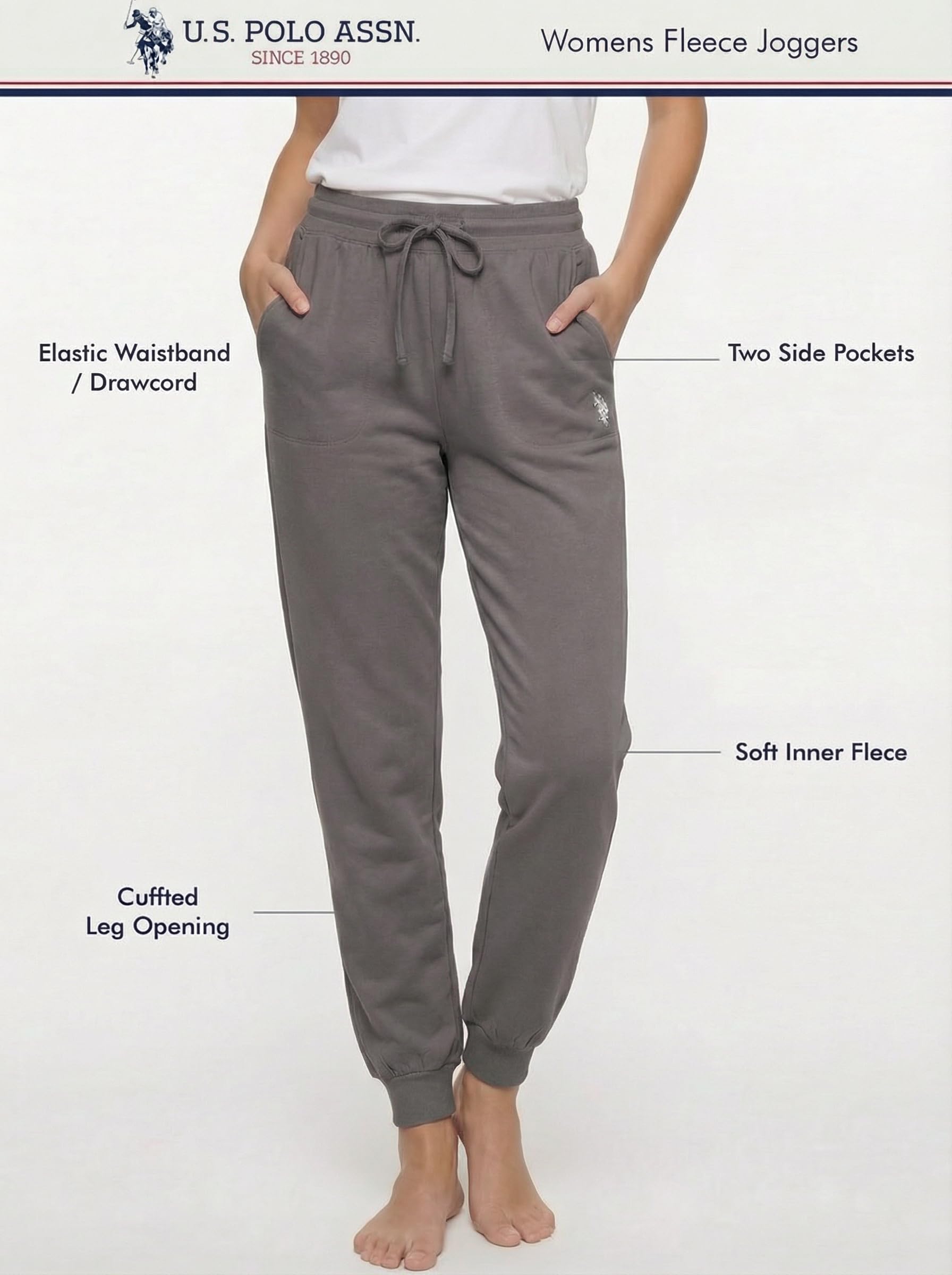 U.S. Polo Assn. Sweatpants for Women Soft Fleece-Backed Jersey Knit, Womens Joggers with Pockets (Charcoal Grey, Medium)