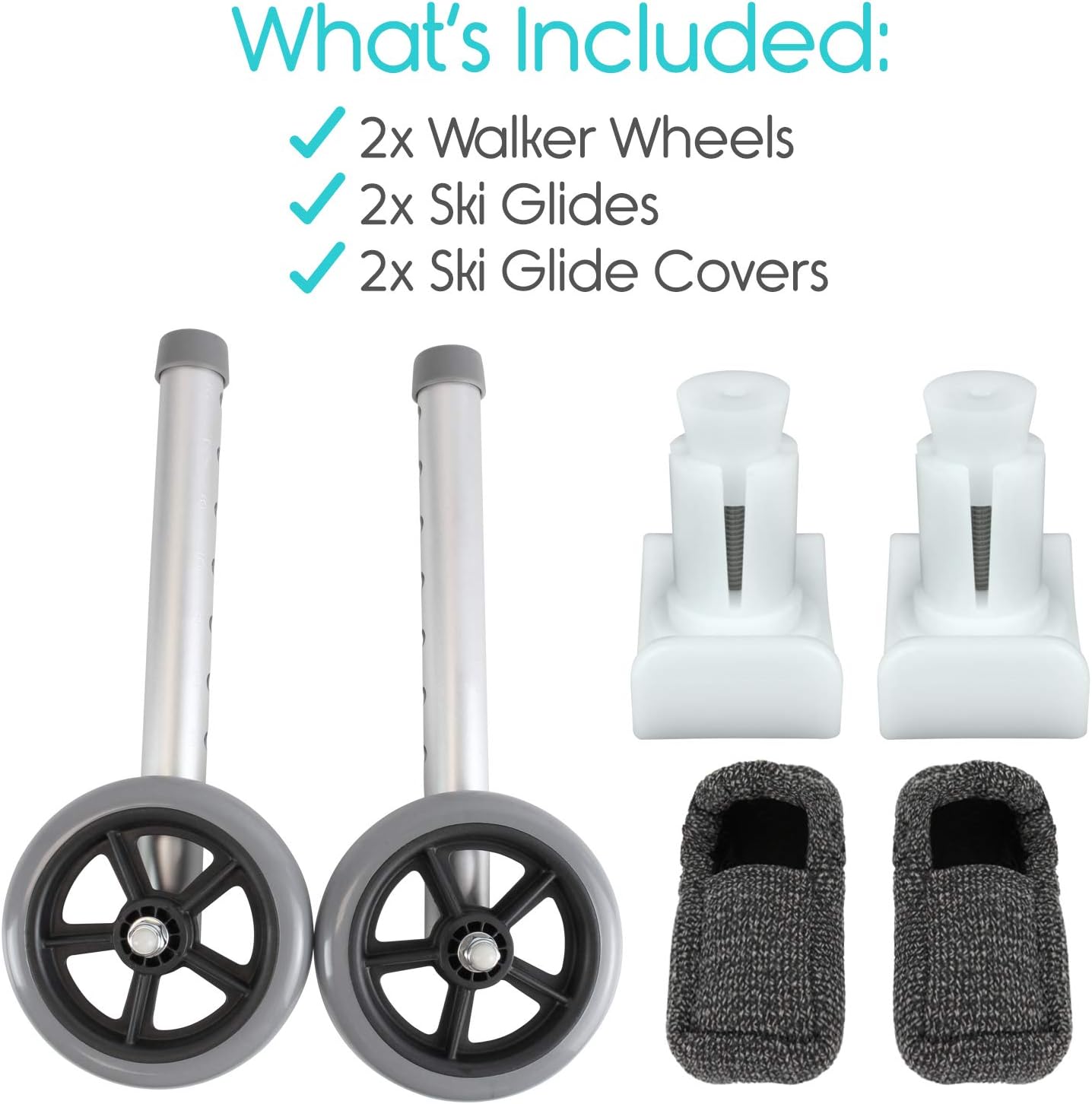 Vive Walker Wheels and Ski Glides - Replacement Feet - Accessories Parts Set for Folding Medical Walkers - Universal Front, Back Stability Safety Wheel - Includes 2 Glide Tips, Two 5 Inch Rubber Wheel: Health & Personal Care