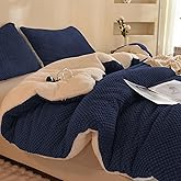 LLanCL 3D Jacquard Design Comforter Set, Ultra-Soft Warm King Size Sherpa Fur Plush 3-Pieces Sets Luxury Cozy Bedding with 2 Pillowcases (104"x90", Navy Blue)