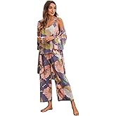 WDIRARA Women's 3 pcs Sleepwear Leaf Print Cami and Pants Pajama Set with Robe