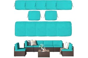 YQNUCO Patio Cushion Covers Replacement, Outdoor Cushion Covers for Patio Furniture Waterproof with Zipper, Washable Wicker Rattan Sectional Sofa Couch Chair Cover Set with Ties (Lake Blue, 12 PCS)