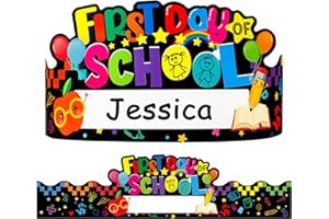 WaaHome Kids First Day of School Paper Crowns Decorations, 24pcs Personalized First Day of Kindergarten Preschool Paper Hats Gifts for Kids Students, Adjustable First Day of School Paper Caps Hats