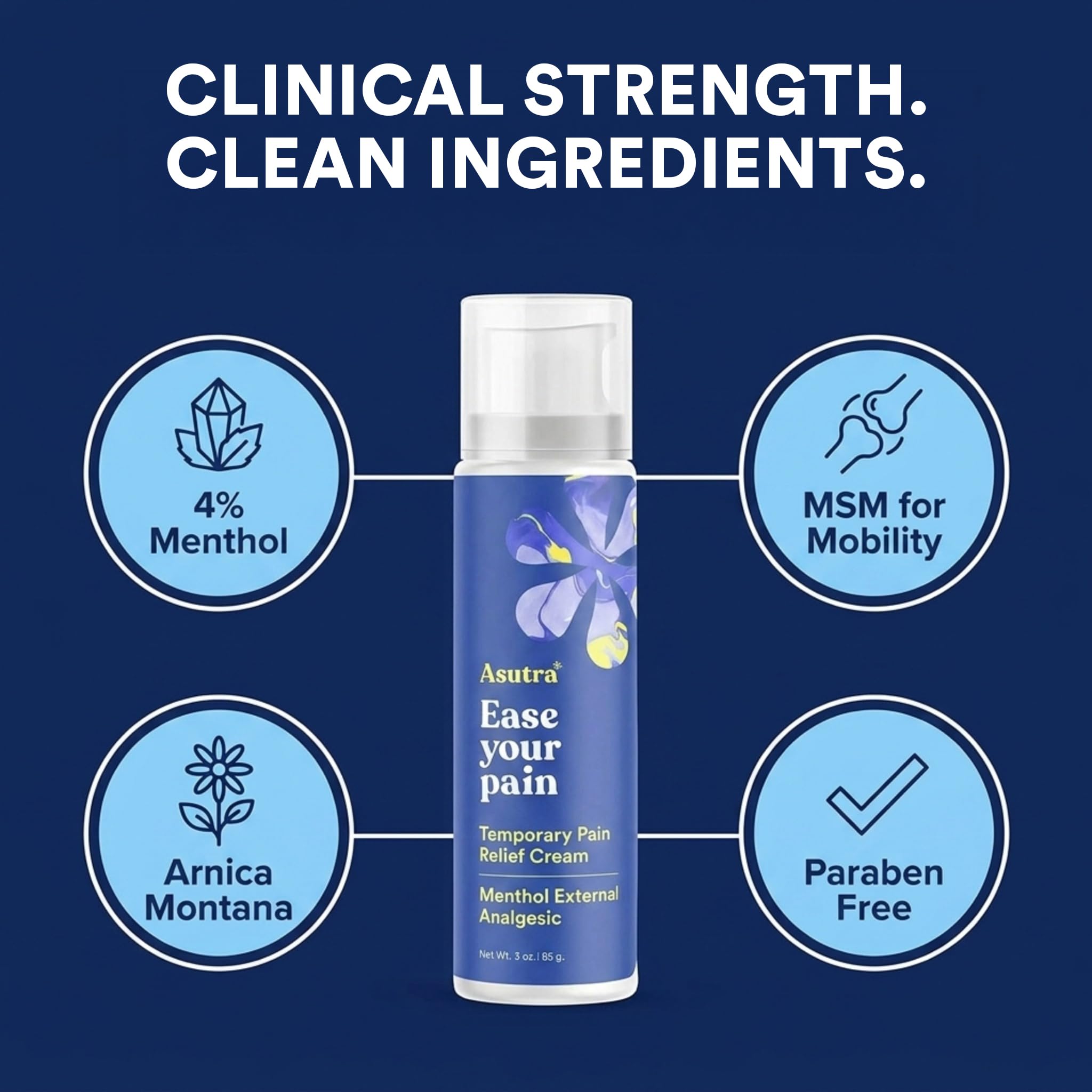 ASUTRA Relief Cream, Cooling Sensation, Temporary Relief from Muscle Discomfort and Soreness, 4% Menthol, Arnica Montana, MSM, 3 oz