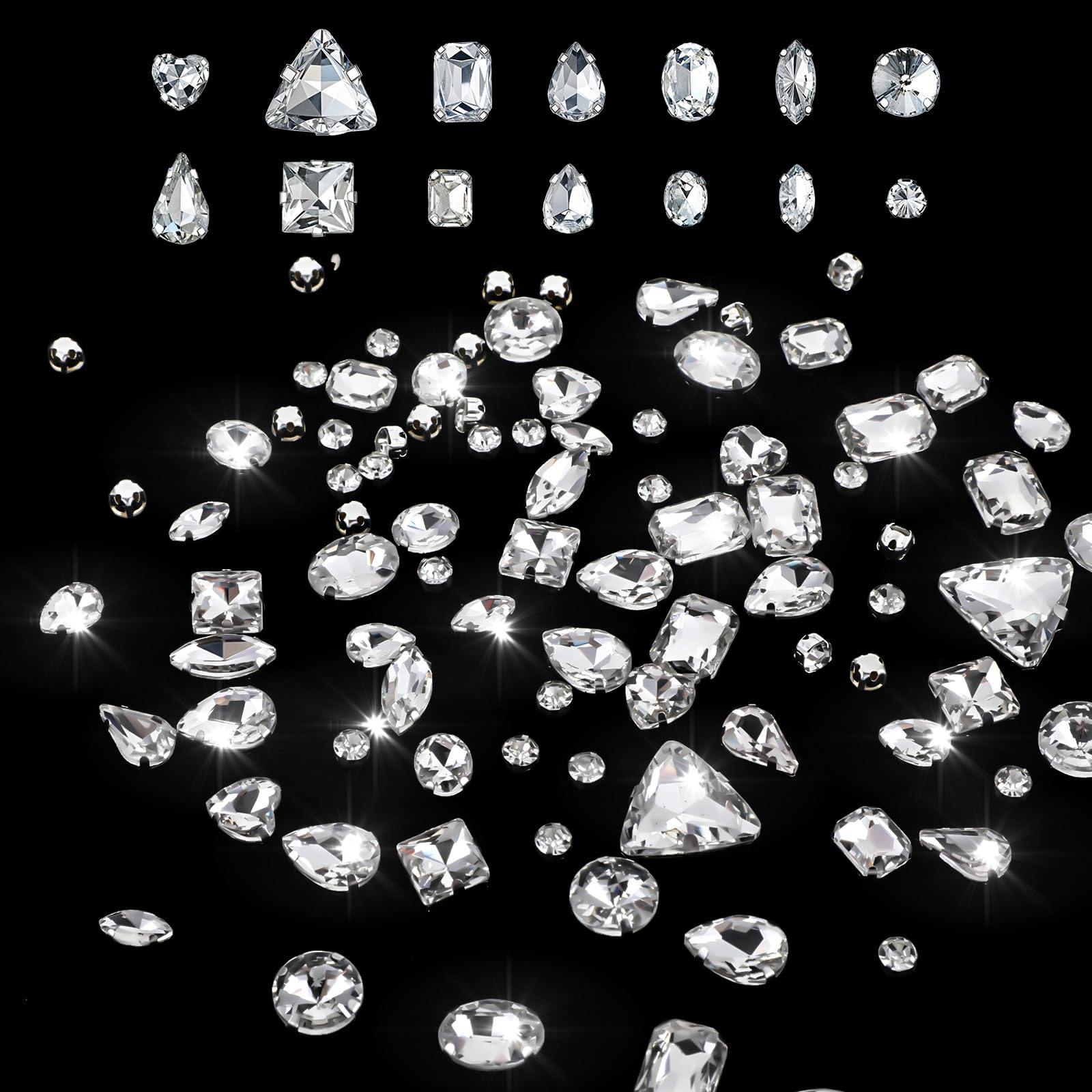 Photo 1 of 104PCS Sew on Rhinestones for Clothes, Mixed Shapes Glass Sew on Crystals for Crafts, Flatback Rhinestones for Crafting, Metal Claw Gem for Jewelry Making Crafts Clothes Shoes Costume Garment