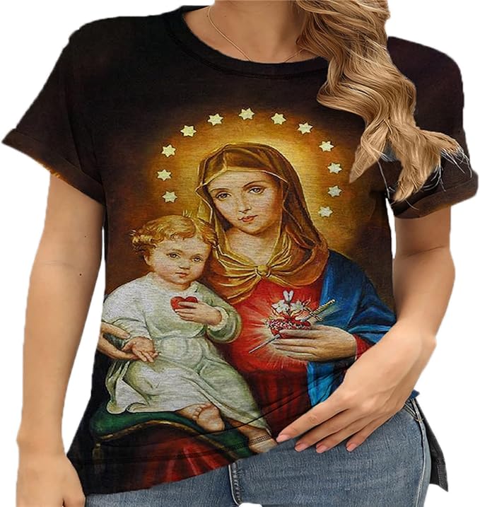 oneforus Jesus Blessed Virgin Mary Print TShirts Women Summer New