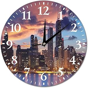 VinMea Wall Clock Chicago Skyline at Dusk Hanging Clock Silent Non Ticking Decorative Home Clock for Living Room Bedrooms,12 Inch