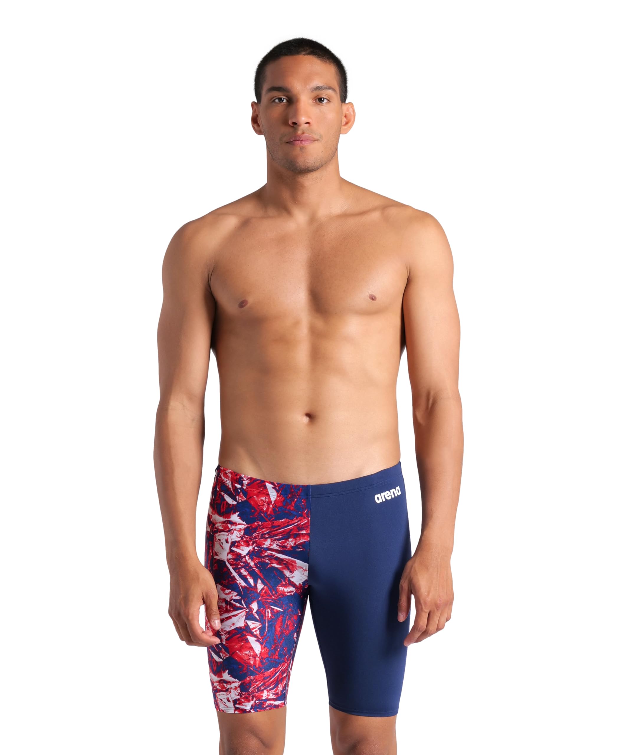 ARENA Men’s Swim Jammer Crackle Team Print MaxLife Athletic Swimwear Professional Training Swimsuit Sports Bathing Suit, Navy/Team Red White Blue, US Size 38