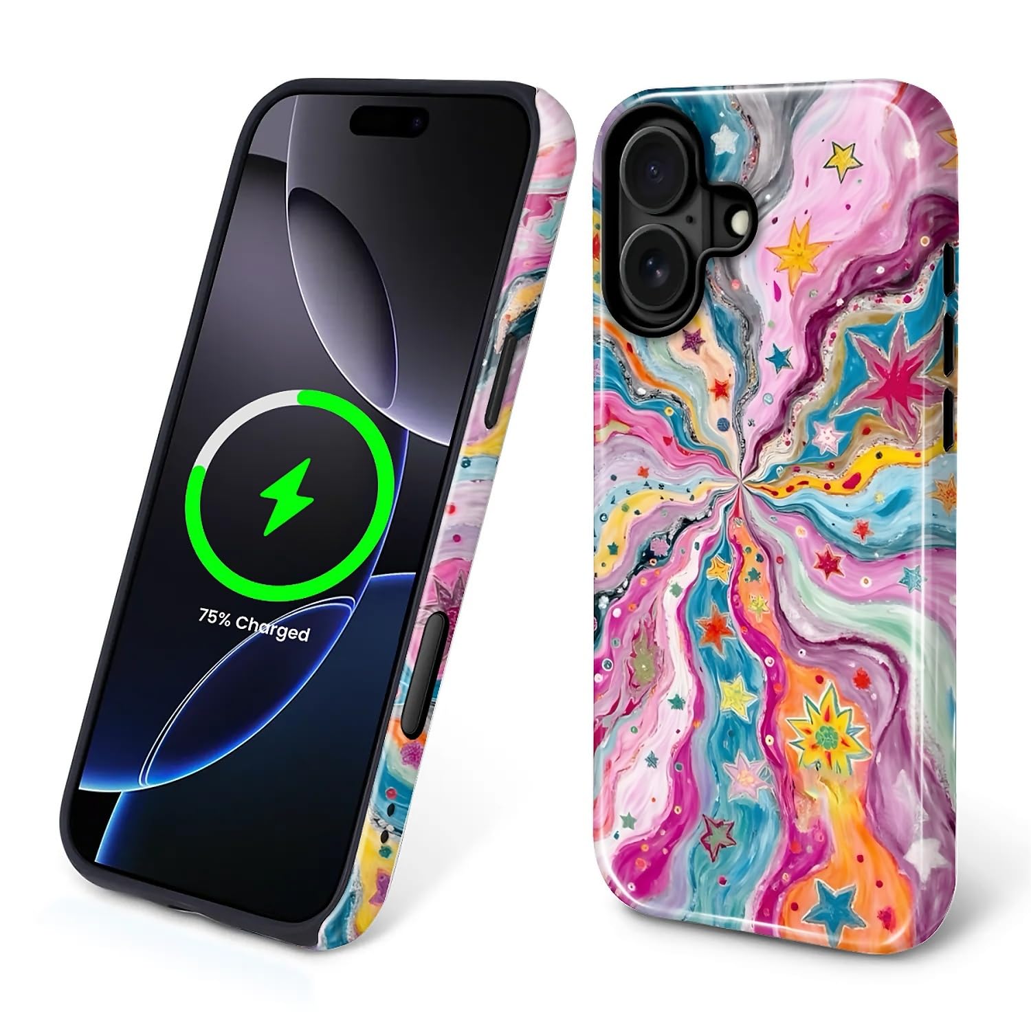 Akinmi Case for iPhone 16 Plus,Compatible with MagSafe,Magentic Hybrid 2 Layer Protective Shockproof Cover for Women Girls-Psychedelic Cosmic Starburst Art Design