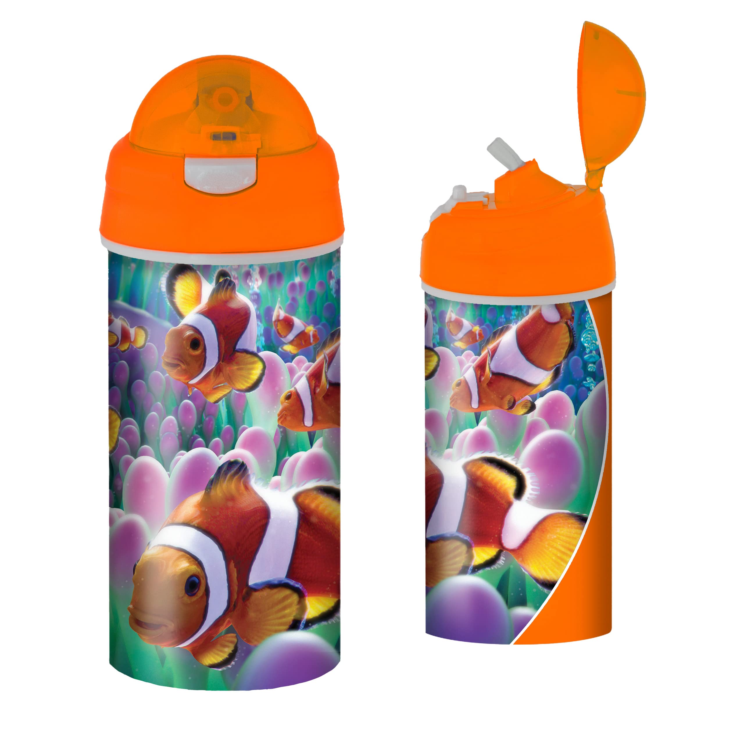3D LiveLife Drinking Bottle - Clown Fish from Deluxebase. 3D Lenticular 600ml BPA Free Reusable Orange Water Bottle with Straw & Flip Top Lid. Leak Proof Animal Drinks Bottles with Fishes Design.