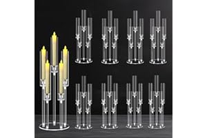 CHELOMENT 8 Sets 5 Arms Acrylic Candelabra Centerpieces for Tables,Clear Candle Holder for Wedding,Ceremony Dinner Party, 27" Tall Candlestick Holders with Lampshade,Fit LED Candle