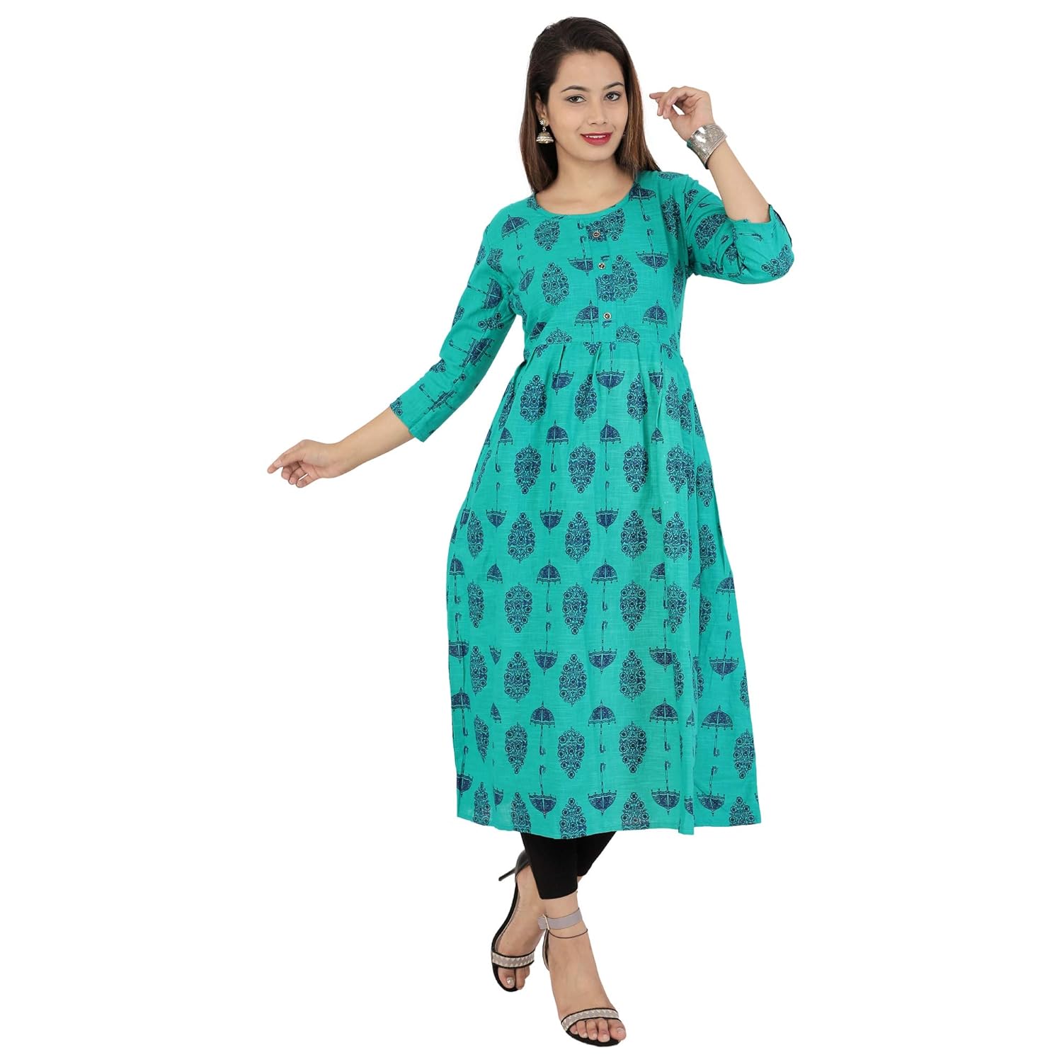 scion women's rama green printed cotton slub anarkali kurti for women