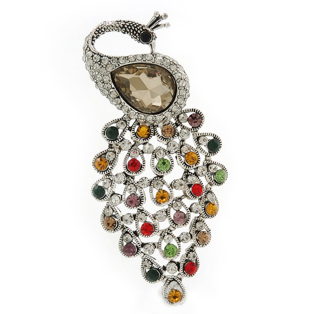 Vintage Inspired Multicoloured Diamante 'Peacock' Brooch In Silver Tone - 63mm Length
