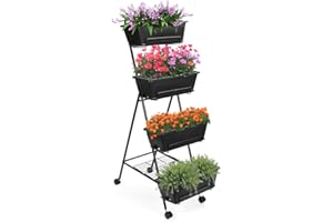 PARSEBIO 4 Tier Vertical Raised Garden Bed, Indoor Outdoor Raised Planter Box with Wheels, Movable Elevated Herb Garden Planter with Drainage Holes for Herbs Flowers Vegetables Plants