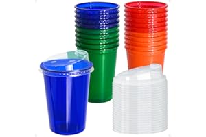 EcoDispose 20 Pack 12 oz Disposable Plastic Cups with Lids, Spill Proof, 4 Colors (Red, Orange, Green Blue), for Party, Drink